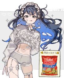 Rule 34 | 1girl, :q, arm behind back, bandaid, bandaid on face, bandaid on stomach, blue eyes, blue hair, calbee (potato chips), colored inner hair, cowboy shot, cropped sweater, emoji, grey shorts, highres, inu totemo, long hair, long sleeves, looking at viewer, midriff, mole, mole on stomach, multicolored hair, navel, original, puffy long sleeves, puffy sleeves, short shorts, shorts, snack, solo, sweater, tongue, tongue out, white sweater
