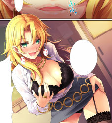 Rule 34 | 1girl, bad id, bad pixiv id, bangle, belt, black bra, black thighhighs, blonde hair, blush, bra, bracelet, grabbing another&#039;s breast, breast hold, breasts, chalkboard, cleavage, dialogue box, door, garter straps, grabbing, green eyes, jewelry, kekemotsu, lace, lace-trimmed bra, lace-trimmed legwear, lace trim, large breasts, long hair, looking at viewer, lots of jewelry, miniskirt, mole, mole under mouth, naughty face, necklace, onow, open mouth, original, pencil skirt, ring, grabbing own breast, skirt, smile, solo, teacher, thighhighs, underwear