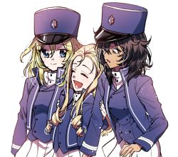 Rule 34 | 10s, 3girls, andou (girls und panzer), arm grab, bad id, bad twitter id, bc freedom (emblem), bc freedom military uniform, black hair, blonde hair, blue eyes, blue hat, blue jacket, blue vest, brown eyes, closed mouth, commentary request, dark-skinned female, dark skin, dress shirt, drill hair, emblem, girls und panzer, hat, high collar, jacket, laughing, light particles, long hair, long sleeves, looking at another, looking at viewer, marie (girls und panzer), military, military hat, military uniform, miniskirt, multiple girls, open mouth, oshida (girls und panzer), parted lips, pleated skirt, shako cap, shirt, shutou mq, simple background, skirt, smile, standing, uniform, vest, white background, white shirt, white skirt