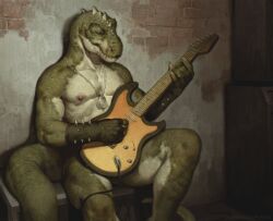 Rule 34 | 1boy, biceps, brick wall, convenient censoring, dog tags, furry, furry male, guitar, honovyart, instrument, jewelry, male focus, music, necklace, nipples, original, playing instrument, sitting, solo, spiked gauntlets