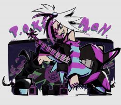 Rule 34 | 1girl, bass guitar, boots, bra strap, creatures (company), djsaturn, dress, forehead, freckles, game freak, gen 1 pokemon, graffiti, gym leader, hair bobbles, hair ornament, highres, instrument, koffing, looking at viewer, nintendo, pokemon, pokemon (creature), pokemon bw2, roxie (pokemon), shaded face, shadow, sharp teeth, solo, stage, stereo, striped clothes, striped dress, teeth, tongue, tongue out, topknot, white hair