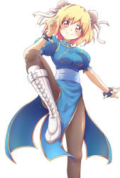 Rule 34 | &gt;:), 1girl, black pantyhose, blonde hair, blue dress, blush, boots, bracelet, capcom, china dress, chinese clothes, chun-li, chun-li (cosplay), cosplay, cross-laced footwear, djeeta (granblue fantasy), double bun, dress, granblue fantasy, hair bun, high collar, highres, jewelry, kirimochi, knee boots, lace-up boots, leg up, looking at viewer, pantyhose, pelvic curtain, pink eyes, puffy short sleeves, puffy sleeves, sash, short hair, short sleeves, side slit, smile, solo, spiked bracelet, spikes, street fighter, v-shaped eyebrows, white footwear