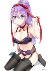 Rule 34 | 1girl, absurdres, arm at side, black thighhighs, blue eyes, blush, bra, braid, breasts, cleavage, closed mouth, collarbone, commentary request, derori, eyelashes, french braid, full body, garter belt, garter straps, hair between eyes, hair ribbon, hand up, highres, holding, holding ribbon, lace, lace-trimmed legwear, lace trim, large breasts, legs, lingerie, long hair, looking at viewer, navel, neck ribbon, original, panties, ponytail, purple bra, purple hair, purple panties, red ribbon, ribbon, sidelocks, simple background, sitting, solo, stomach, thighhighs, twitter username, underwear, underwear only, wariza, white background