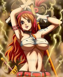 Rule 34 | 1girl, armpits, belt, breasts, brown eyes, eyebrows, feathers, gloves, hat, large breasts, lightning, long hair, looking at viewer, nami (one piece), navel, navigator, one piece, open mouth, orange hair, pink belt, pink feathers, pirate, pirate hat, sword, tattoo, underboob, weapon, white gloves
