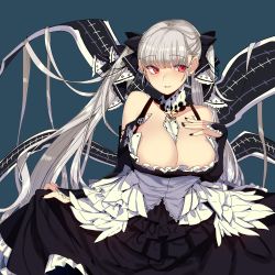 Rule 34 | 1girl, azur lane, bare shoulders, between breasts, black dress, black nails, blue background, blush, breasts, cleavage, clothes lift, dress, dress lift, earrings, flight deck, formidable (azur lane), frilled dress, frills, grey hair, hair ribbon, hand on own chest, highres, jewelry, large breasts, long hair, long sleeves, looking at viewer, mendou kusai, nail polish, parted lips, red eyes, ribbon, rigging, simple background, smile, solo, twintails, two-tone dress, two-tone ribbon, very long hair