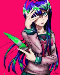 Rule 34 | 1girl, :d, absurdres, blue hair, blue sailor collar, bow, bowtie, collarbone, danganronpa: trigger happy havoc, danganronpa (series), green skirt, grey shirt, hair ornament, hairclip, highres, holding, holding knife, holding weapon, knife, long hair, long sleeves, maizono sayaka, multicolored hair, nail polish, open mouth, pink background, pink bow, pink bowtie, pink eyes, sailor collar, shirt, simple background, skirt, smile, solo, upper body, weapon, white nails, wibboo