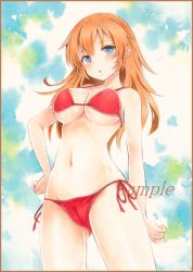 Rule 34 | 1girl, :o, bad id, bad pixiv id, bikini, blue eyes, blush, charlotte e. yeager, colored pencil (medium), cowboy shot, hand on own hip, long hair, looking at viewer, marker (medium), multicolored background, navel, orange hair, painting (medium), parted lips, potto, red bikini, sample watermark, side-tie bikini bottom, solo, strike witches, swimsuit, thighs, traditional media, watercolor (medium), watermark, world witches series