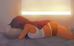 Rule 34 | 1girl, artist name, bare shoulders, bed, bed sheet, black hair, chinatsu (kuroonehalf), covering face, dark-skinned female, dark skin, dolphin shorts, face in pillow, from side, kuroonehalf, long hair, lying, midriff, hugging object, on bed, on stomach, original, pillow, pillow hug, short shorts, shorts, solo, tank top, very long hair