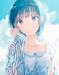 Rule 34 | 1girl, black hair, blue shirt, blue sky, blue theme, blunt bangs, blush, bob cut, cloud, collarbone, commentary request, day, dot nose, flat chest, hand up, hiten (hitenkei), idolmaster, idolmaster cinderella girls, idolmaster cinderella girls starlight stage, jacket, long sleeves, looking at viewer, parted lips, purple eyes, shirayuki chiyo, shirt, short hair, short sleeves, single off shoulder, sky, smile, solo, striped clothes, striped jacket, upper body, white jacket
