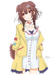 Rule 34 | 1girl, animal ears, blush, bone hair ornament, braid, brown eyes, brown hair, collarbone, commentary request, cowboy shot, dog ears, dog girl, dog tail, dress, extra ears, hair between eyes, hair ornament, hair over shoulder, hairclip, highres, hololive, inugami korone, inugami korone (1st costume), jacket, long hair, looking to the side, low twin braids, open clothes, open jacket, pilolimaru, short dress, side braids, sidelocks, signature, simple background, sleeveless, sleeveless dress, solo, tail, twin braids, virtual youtuber, white background, white dress, yellow jacket