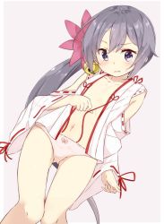 Rule 34 | 10s, 1girl, akebono (kancolle), bell, blush, bow, bow panties, crotch seam, flower, hair bell, hair flower, hair ornament, hamaken. (novelize), japanese clothes, jingle bell, kantai collection, lace, lace-trimmed panties, lace trim, long hair, navel, no bra, no pants, open clothes, open shirt, panties, pink panties, ponytail, purple hair, ribbon-trimmed sleeves, ribbon trim, shirt, side ponytail, solo, underwear, wavy mouth