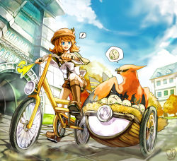 Rule 34 | !, 10s, 1girl, bicycle, blue eyes, boots, brown hair, cloud, creatures (company), day, egg, eye contact, game freak, gameplay mechanics, gen 6 pokemon, hat, highres, knee boots, looking at another, nintendo, npc trainer, outdoors, pokemon, pokemon (creature), pokemon ability, pokemon breeder (pokemon), pokemon xy, road, sa-dui, serena (pokemon), sett, short hair, sidecar, sky, spoken exclamation mark, spoken object, street, talonflame, tree, truth