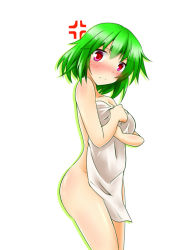Rule 34 | 1girl, anger vein, ass, blush, breasts, covering privates, covering breasts, female focus, green hair, kazami yuuka, large breasts, looking at viewer, naked towel, nude, nude cover, red eyes, rody (hayama yuu), simple background, solo, touhou, towel, white background