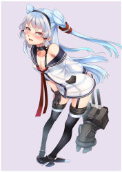 Rule 34 | 1girl, :3, amatsukaze (kancolle) (cosplay), amatsukaze (kancolle), blue hair, blush, breasts, brown eyes, cleavage, cosplay, gloves, hairband, hiememiko, highres, kantai collection, long hair, looking at viewer, machinery, medium breasts, murakumo (kancolle), off shoulder, open mouth, rensouhou-chan, short eyebrows, solo, thighhighs, turret, two side up