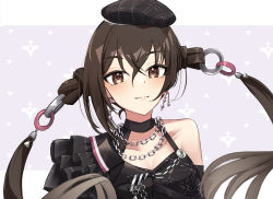 Rule 34 | 1girl, absurdres, asymmetrical clothes, beret, black hair, black hat, blush, breasts, chain, chain necklace, cleavage, collarbone, deen (hnxp8555), detached hair, double bun, earrings, hair between eyes, hair bun, hat, highres, idolmaster, idolmaster cinderella girls, jewelry, letterboxed, light brown hair, looking at viewer, necklace, patterned background, single bare shoulder, solo, sunazuka akira, twintails, upper body