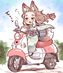 Rule 34 | 1girl, :3, animal ears, blush stickers, braid, braided ponytail, brand name imitation, brown hair, commentary, day, driving, english commentary, floating hair, floral print, floral print kimono, food delivery box, forehead, fox ears, fox tail, full body, green kimono, hair ribbon, highres, hikimayu, japanese clothes, jitome, kimono, kitsune, lolibaba, looking ahead, moped, motion lines, motor vehicle, multiple tails, nomeoil, obi, obijime, okobo, open mouth, original, outdoors, red ribbon, ribbon, sandals, sash, shoulder strap, smile, solo, tabi, tail, uber eats, whistling, wide sleeves, yellow eyes