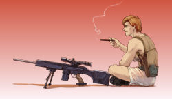 Rule 34 | 1boy, aka bobo, animification, bipod, blonde hair, cigar, gun, h&amp;k psg1, highres, holster, male focus, rifle, scope, short hair, shorts, shoulder holster, sitting, sniper rifle, solo, sunglasses, templeton &quot;faceman&quot; peck, the a-team, weapon