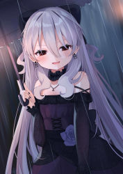 Rule 34 | 1girl, :d, absurdres, bare shoulders, black bow, black nails, blue flower, blue rose, blush, bow, dress, earrings, flower, frilled dress, frilled umbrella, frills, grey hair, hair between eyes, hair bow, half-closed eyes, hand up, highres, holding, holding umbrella, ikazu401, jewelry, long hair, looking at viewer, nail polish, off-shoulder dress, off shoulder, open mouth, original, purple dress, red eyes, rose, smile, solo, umbrella, very long hair