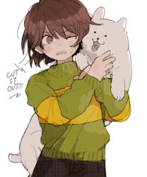 Rule 34 | 1other, animal, animal ears, animal nose, annoying dog, blush, brown hair, brown shorts, chara (undertale), dog, dog ears, dog tail, english text, green sweater, grey eyes, hair between eyes, hands up, long sleeves, looking at another, n8o1y2u, open mouth, puffy long sleeves, puffy sleeves, short hair, shorts, simple background, single stripe, smile, standing, striped clothes, striped sweater, sweatdrop, sweater, tail, teeth, tongue, tongue out, turtleneck, turtleneck sweater, undertale, v-shaped eyebrows, white background, white fur