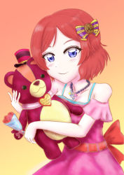 Rule 34 | 1girl, absurdres, artist name, artist request, back bow, bare shoulders, belt, blush, bow, breasts, cleavage, collarbone, dress, female focus, hair between eyes, highres, holding, holding stuffed toy, holding teddy bear, jewelry, looking at viewer, love live!, love live! school idol festival, love live! school idol project, musical note, musical note necklace, necklace, nishikino maki, off-shoulder dress, off shoulder, parted lips, pink dress, purple eyes, red background, red belt, red bow, red hair, salad27, short hair, small breasts, smile, solo, striped, striped bow, stuffed animal, stuffed toy, teddy bear