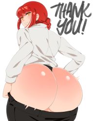 Rule 34 | 1girl, ass, ass focus, black panties, black pants, blush, braid, chainsaw man, clothes pull, from behind, highres, huge ass, long hair, long sleeves, looking at viewer, looking back, makima (chainsaw man), mawiedz, panties, pants, pants pull, red hair, shirt, smile, solo, thank you, underwear, white background, white shirt, yellow eyes