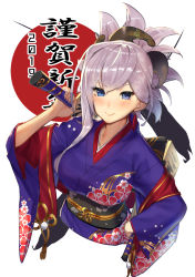 Rule 34 | 1girl, 2019, black sash, blue eyes, blush, breasts, commentary request, cropped torso, fate/grand order, fate (series), floral print, hair between eyes, hand on own hip, hand up, highres, holding, holding sword, holding weapon, japanese clothes, kimono, large breasts, long sleeves, looking at viewer, miyamoto musashi (fate), obi, over shoulder, paddle, purple kimono, sash, scottie (phantom2), short hair, silver hair, single sidelock, smile, solo, sword, translation request, upper body, weapon, weapon over shoulder, wide sleeves