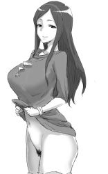 Rule 34 | 10s, 1girl, bottomless, breasts, female pubic hair, gomu (chewinggom), greyscale, hairband, highres, huge breasts, long hair, looking at viewer, monochrome, navel, nishizono ririka, no panties, occultic;nine, pubic hair, simple background, smile, solo, standing, thighhighs, white background