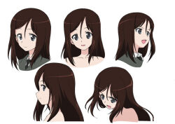 Rule 34 | 1girl, black necktie, blue eyes, brown hair, closed mouth, collarbone, concept art, from above, from side, girls und panzer, hair between eyes, long hair, megumi (girls und panzer), multiple views, necktie, official art, open mouth, selection university military uniform, shirt, simple background, swept bangs, white background, white shirt