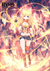 Rule 34 | 1girl, blonde hair, breasts, cleavage, copyright name, fingerless gloves, gauntlets, gloves, heterochromia, lao meng, long hair, purple eyes, red eyes, rwby, solo, thighhighs, typo, watermark, web address, yang xiao long