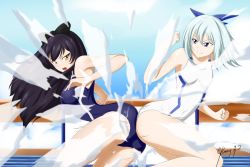Rule 34 | 10s, 2girls, ass, ass-to-ass, ass press, bare shoulders, black hair, blake belladonna, blue eyes, breasts, competition swimsuit, crossover, hair ribbon, huge ass, keijo!!!!!!!!, large breasts, leaning, leaning forward, long hair, miyata sayaka, multiple girls, one-piece swimsuit, open mouth, ribbon, rwby, short hair, silver hair, swimsuit, white one-piece swimsuit