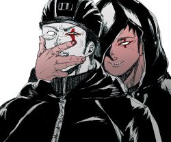 Rule 34 | 2boys, aikawa (dorohedoro), black hair, clenched teeth, covering another&#039;s mouth, dorohedoro, evil smile, facial mark, hand over another&#039;s mouth, hat over one eye, highres, kai (dorohedoro), looking back, male focus, medium sideburns, multiple boys, muscular, muscular male, norun sior9, partially colored, risu (dorohedoro), smile, teeth, thick eyebrows, upper body