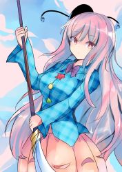 Rule 34 | 1girl, adda, alternate breast size, blue background, blue shirt, bow, bowtie, breasts, bright pupils, bubble skirt, closed mouth, collared shirt, colored eyelashes, commentary request, cowboy shot, expressionless, hata no kokoro, holding, holding polearm, holding spear, holding weapon, large breasts, long hair, long sleeves, looking at viewer, mask, mask on head, one-hour drawing challenge, pink eyes, pink hair, plaid, plaid shirt, polearm, purple bow, purple bowtie, shirt, skirt, solo, spear, standing, touhou, very long hair, weapon, wide sleeves