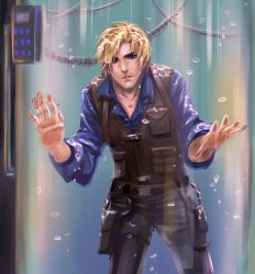 Rule 34 | 1boy, against glass, anderain, belt pouch, blonde hair, blue eyes, blue shirt, brown hair, curtained hair, facial hair, highres, leon s. kennedy, looking at viewer, male focus, pouch, resident evil, resident evil 6, shirt, solo, stasis tank, stubble, submerged, underwater, vest