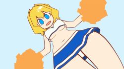 Rule 34 | 1girl, alice margatroid, animated, animated gif, blonde hair, blue background, blue eyes, blue skirt, bouncing breasts, breasts, cheerleader, commentary request, cookie (touhou), cowboy shot, crop top, dancing, dobro phone, dutch angle, from below, hair intakes, looking at viewer, looking down, looping animation, medium breasts, midriff, miniskirt, navel, open mouth, panties, parody, pom pom (cheerleading), scotch (cookie) (style), shirt, short hair, simple background, skirt, sleeveless, sleeveless shirt, smile, solo, style parody, touhou, underboob, underwear, web (cookie), white panties, white shirt