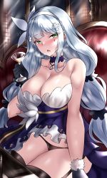 Rule 34 | 1girl, absurdres, assault rifle, bad id, bad pixiv id, bare shoulders, black legwear, black panties, blush, breasts, cleavage, cocktail glass, collar, cup, dress, drinking glass, fary5, fur-trimmed gloves, fur trim, garter straps, girls&#039; frontline, gloves, green eyes, gun, h&amp;k hk416, hairband, highres, hk416 (girls&#039; frontline), hk416 (starry cocoon) (girls&#039; frontline), jewelry, large breasts, necklace, official alternate costume, open mouth, panties, rifle, shiny skin, short dress, sitting, sweat, teardrop, teardrop tattoo, twintails, underwear, weapon, white hair