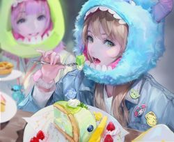 Rule 34 | 2girls, alien (toy story), blonde hair, blueberry, blunt bangs, blurry, blurry background, bm94199, cake, character hood, cinnamoroll, commentary, denim, denim jacket, depth of field, eating, english commentary, eyelashes, food, fork, fruit, fur, green eyes, grin, highres, holding, holding fork, jacket, james p. sullivan, lanyard, lilo &amp; stitch, long hair, looking at another, looking to the side, makeup, mike wazowski, monsters inc., multiple girls, my melody, onegai my melody, open mouth, pin, pineapple, pink eyes, pink hair, pixar, plate, pompompurin, sanrio, scrunchie, unworn scrunchie, smile, solo focus, stitch (lilo &amp; stitch), strawberry, teeth, toy story, whipped cream, wrist scrunchie