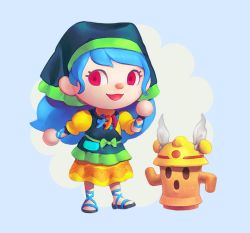 Rule 34 | 1girl, animal crossing, apron, arlmuffin, bad id, bad pixiv id, blue background, blue hair, dress, gyroid, haniwa (statue), haniyasushin keiki, hard hat, head scarf, helmet, jewelry, joutouguu mayumi, lloid (animal crossing), long hair, looking at viewer, magatama, magatama necklace, necklace, nintendo, open mouth, parody, puffy short sleeves, puffy sleeves, red eyes, ribbon, sandals, short sleeves, simple background, smile, standing, style parody, touhou, yellow dress