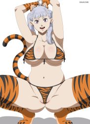 Rule 34 | 1girl, animal ears, animal print, bare shoulders, black clover, breasts, earrings, gloves, grey hair, highres, jewelry, large breasts, long hair, noelle silva, open mouth, shadow, shuaicard, smile, tail, thighhighs, tiger ears, tiger girl, tiger print, tiger tail, twintails