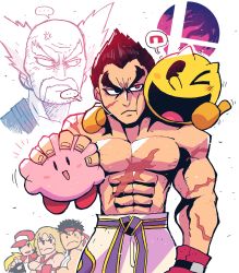 Rule 34 | &gt; o, ..., 6+boys, absurdres, anger vein, black eyes, black gloves, black hair, blonde hair, boxing gloves, capcom, closed mouth, facial hair, fatal fury, frown, gloves, hat, headband, heterochromia, highres, holding, ken masters, kirby, kirby (series), long hair, male focus, meme, mishima heihachi, mishima kazuya, multiple boys, muscular, muscular male, mustache, namco, nintendo, one eye closed, open mouth, pac-man, pac-man (game), rariatto (ganguri), red eyes, red gloves, ryu (street fighter), scar, scar on arm, scar on chest, shirt, simple background, snk, spiked hair, spoken ellipsis, street fighter, super smash bros., sweat, tekken, terry bogard, the king of fighters, thick eyebrows, thumbs up, topless male, white background