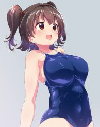 Rule 34 | 1girl, :d, aged up, akagi miria, alternate breast size, bare legs, bare shoulders, blush, breasts, brown eyes, commentary request, commission, cowboy shot, from below, grey background, highres, idolmaster, idolmaster cinderella girls, large breasts, looking ahead, one-piece swimsuit, open mouth, school swimsuit, shift (waage), short hair, simple background, skeb commission, smile, solo, spaghetti strap, standing, swimsuit, two side up