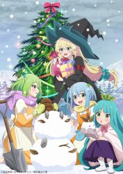 4girls absurdres aizawa_azusa apron blue_eyes blue_hair boots bow bowtie christmas_tree cloud cloudy_sky coat cup falfa_(slime_taoshite_300_nen) gift gloves green_eyes green_hair hair_ornament hat highres leaf long_sleeves looking_at_another mother_and_daughter mug multiple_girls official_art open_mouth outdoors pine_tree promotional_art purple_eyes ribbon sandra_(slime_taoshite_300_nen) scarf shalsha_(slime_taoshite_300_nen) short_sleeves siblings sisters skirt sky slime_taoshite_300_nen_shiranai_uchi_ni_level_max_ni_nattemashita smile snow snowing snowman star_(symbol) tree twins winter witch_hat