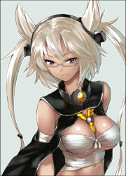 Rule 34 | 10s, 1girl, bad id, bad pixiv id, bare shoulders, breasts, dark-skinned female, dark skin, detached sleeves, framed, glasses, hair ornament, kantai collection, large breasts, long hair, looking at viewer, midriff, musashi (kancolle), musashi kai (kancolle), pointy hair, red eyes, sarashi, silver hair, solo, takemori shintarou, twintails, two side up, underboob, upper body, very long hair