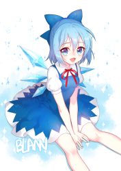 Rule 34 | 1girl, absurdres, artist name, blue dress, blue eyes, blue hair, circle skirt, cirno, dress, gradient background, hair ornament, hair ribbon, highres, ice, ice wings, looking at viewer, matching hair/eyes, milcona, puffy sleeves, ribbon, short hair, short sleeves, sitting, smile, solo, sparkle, touhou, wings