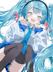 Rule 34 | 1girl, absurdres, aqua eyes, aqua hair, black thighhighs, fuinagi (huyuu mm), hatsune miku, highres, looking at viewer, open mouth, simple background, sitting, solo, thighhighs, twintails, vocaloid, white background