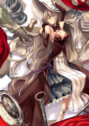 Rule 34 | 1girl, arm up, armpits, bare shoulders, breasts, brown dress, chess piece, chessboard, cleavage, detached sleeves, dress, frown, hat, highres, knight (chess), large breasts, long hair, looking at viewer, lying, on back, original, rook (chess), silver hair, solo, very long hair, white hat, yellow eyes, yoshizawa tsubaki