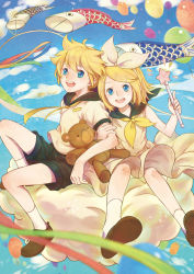Rule 34 | 1boy, 1girl, ayame (artist), bad id, bad pixiv id, balloon, blonde hair, blue eyes, brother and sister, cloud, dress, hair ornament, hair ribbon, hairclip, highres, kagamine len, kagamine rin, kite, koinobori, looking at viewer, necktie, open mouth, ribbon, short hair, shorts, siblings, smile, stuffed animal, stuffed toy, teddy bear, twins, vocaloid, wand, windsock, yellow necktie