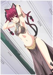 Rule 34 | 1girl, alternate costume, animal ears, armlet, armor, armpits, arms up, bikini armor, bow, bra, braid, cat ears, cat tail, chain, cl (h-sys.), cosplay, cowboy shot, earrings, hair bow, hair ornament, highres, jewelry, kaenbyou rin, lips, looking at viewer, midriff, multiple tails, navel, nekomata, open mouth, pelvic curtain, princess leia organa solo, princess leia organa solo (cosplay), red eyes, red hair, skirt, slave, smile, solo, standing, star wars, tail, touhou, twin braids, two tails, underwear