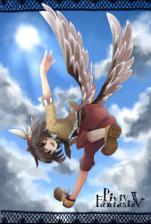 Rule 34 | bad id, bad pixiv id, bent over, brown eyes, brown hair, facial mark, hair ornament, highres, kodamari, looking back, open mouth, pixiv fantasia, pixiv fantasia 5, sky, smile, solo, wings