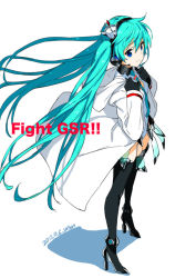 Rule 34 | 1girl, aqua hair, artist name, blue eyes, boots, coat, crown, dated, elbow gloves, gloves, goodsmile company, goodsmile racing, hatsune miku, headphones, headset, high heels, long hair, necktie, official art, photoshop (medium), race queen, racing miku, racing miku (2013), saitou masatsugu, simple background, solo, thigh boots, thighhighs, twintails, very long hair, vocaloid, white background