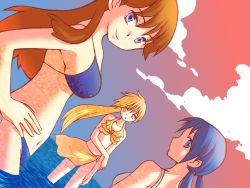 Rule 34 | 3girls, arm across waist, arm at side, armpits, barefoot, beach, bikini, blonde hair, blue bikini, blue eyes, blue hair, breasts, brown hair, cleavage, collarbone, creatures (company), eyelashes, female focus, flat chest, frilled bikini, frills, from behind, from side, game freak, green (pokemon), hands on own hips, highres, kris (pokemon), large breasts, legs, long hair, looking at viewer, looking back, medium breasts, midriff, multiple girls, navel, neck, nintendo, ocean, outdoors, parted bangs, partially submerged, pokemon, pokemon adventures, ponytail, profile, sarong, sideboob, sidelocks, sky, spaghetti strap, summer, swimsuit, thighs, twintails, water, white bikini, yellow (pokemon), yellow bikini, yellow eyes